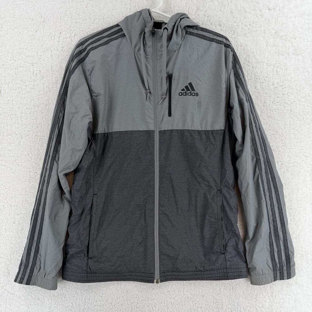 Adidas Jacket Mens Small Gray Hooded Colorblock Windbreaker Running Zip Athletic